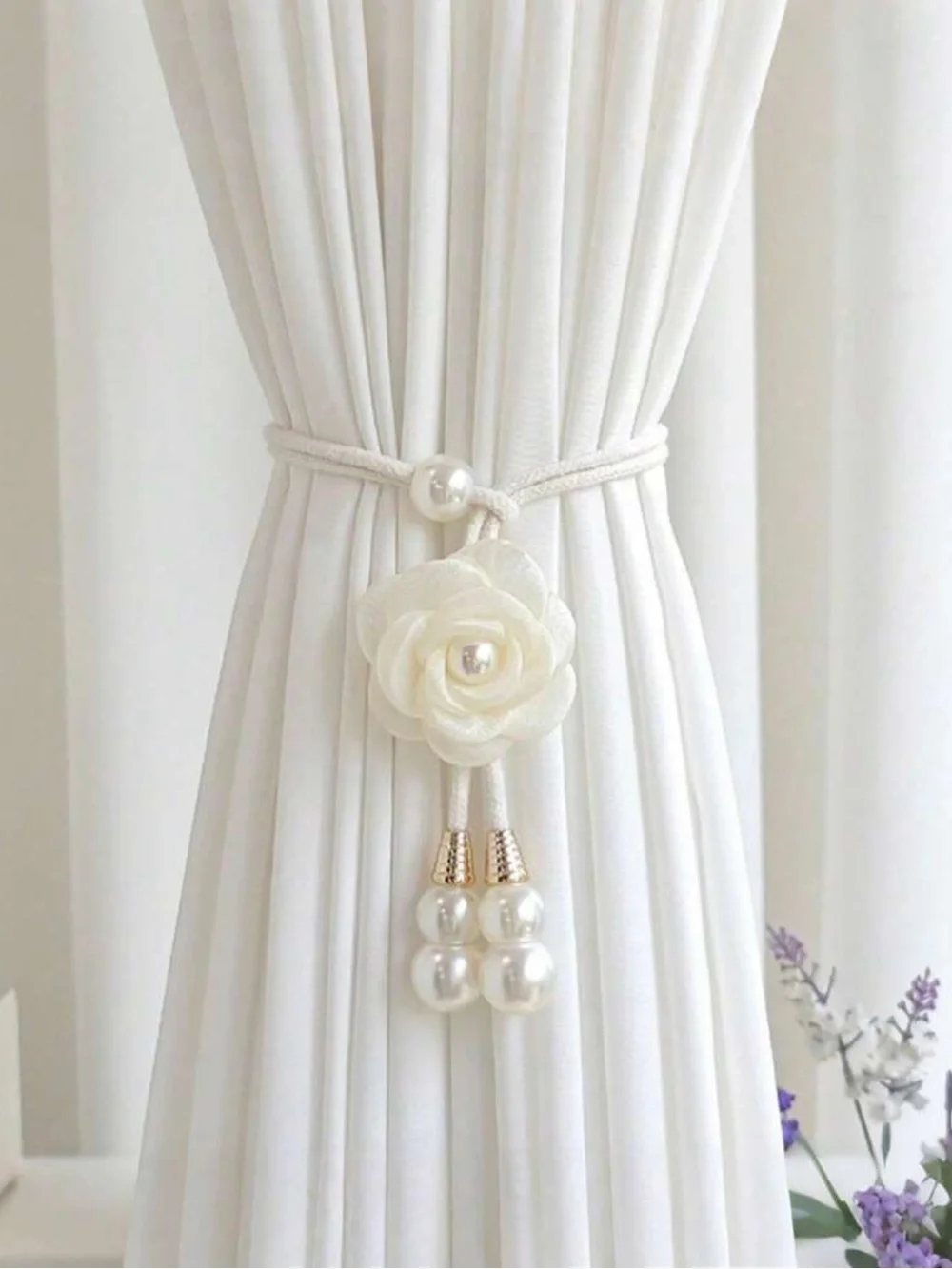 Set of 2 Rose Curtain Tiebacks Pearl Floral  Curtain Holdbacks
